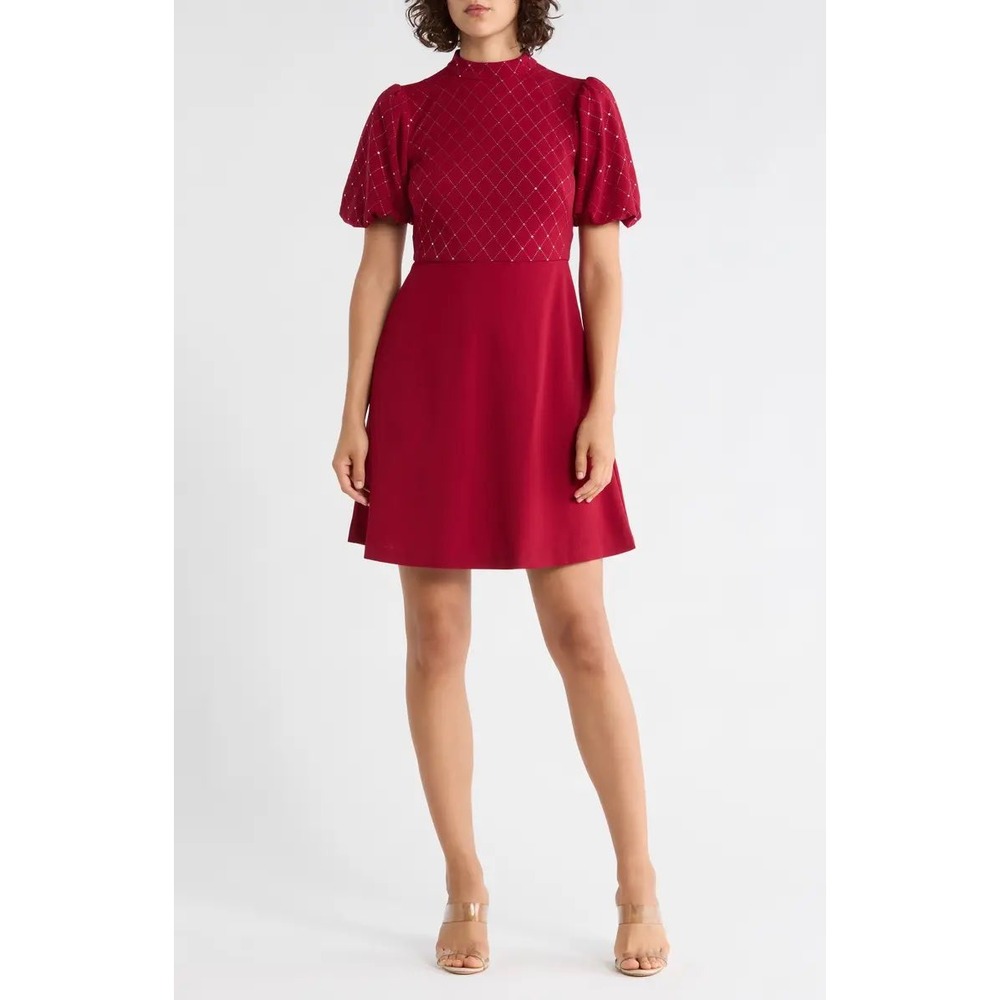 Eliza J Embellished Puff Sleeve Dress Mock Neck Fit & Flare Size 10 Red/Wine NWT